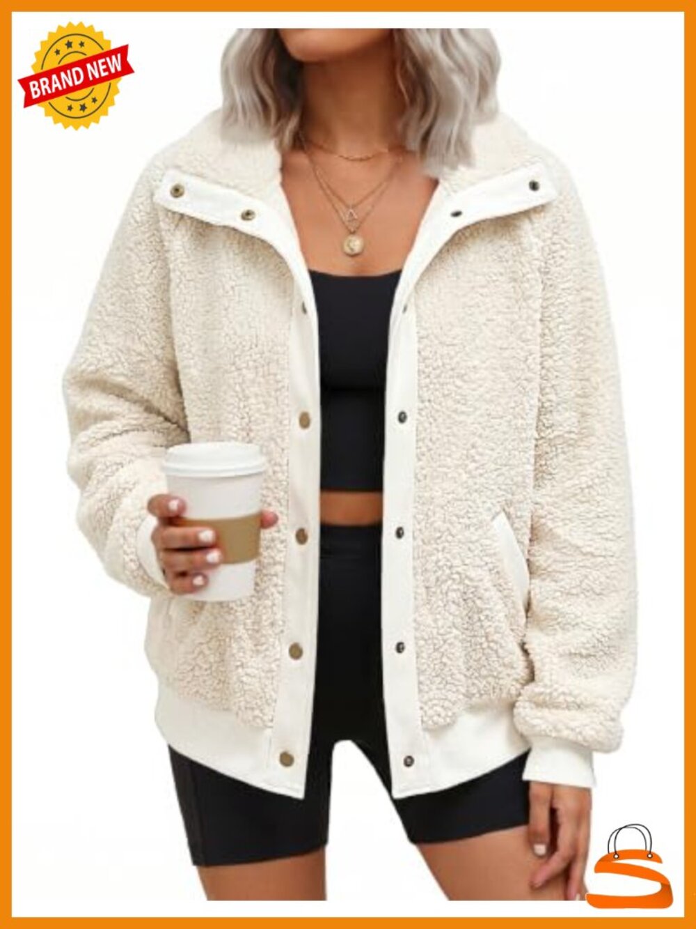 Sherpa Fleece Jacket Snap Button Stand Collar Fuzzy Coat